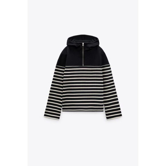 Navy Blue White Striped Zara Half Zip Long Sleeve Hoodie Sweatshirt (NWT) - Picture 6 of 9